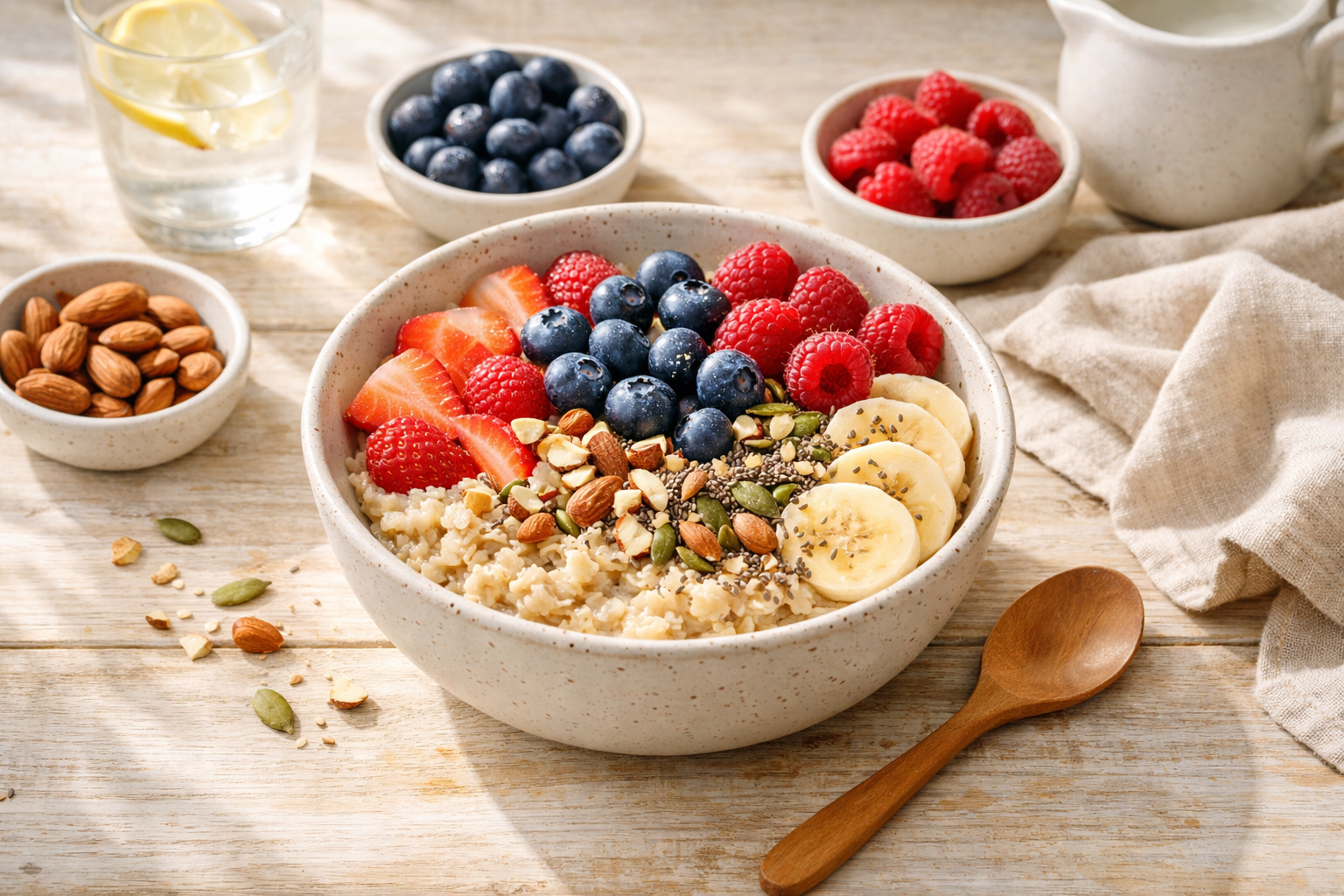 Healthy breakfast bowl with oats, fresh berries, nuts and seeds on a light wooden table, natural morning light, wellness lifestyle photography, soft organic aesthetic
