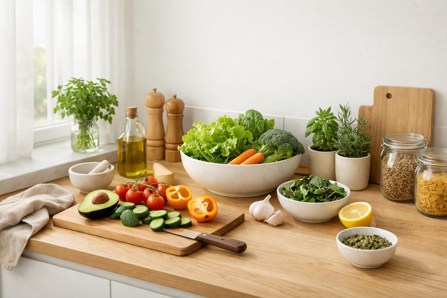 Clean organized kitchen counter with fresh vegetables and herbs, minimalist wellness aesthetic, natural daylight, peaceful home cooking environment